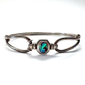 Sterling Silver Hinged Clasp Bangle Bracelet with Inlaid Abalone Stone Vtg 925